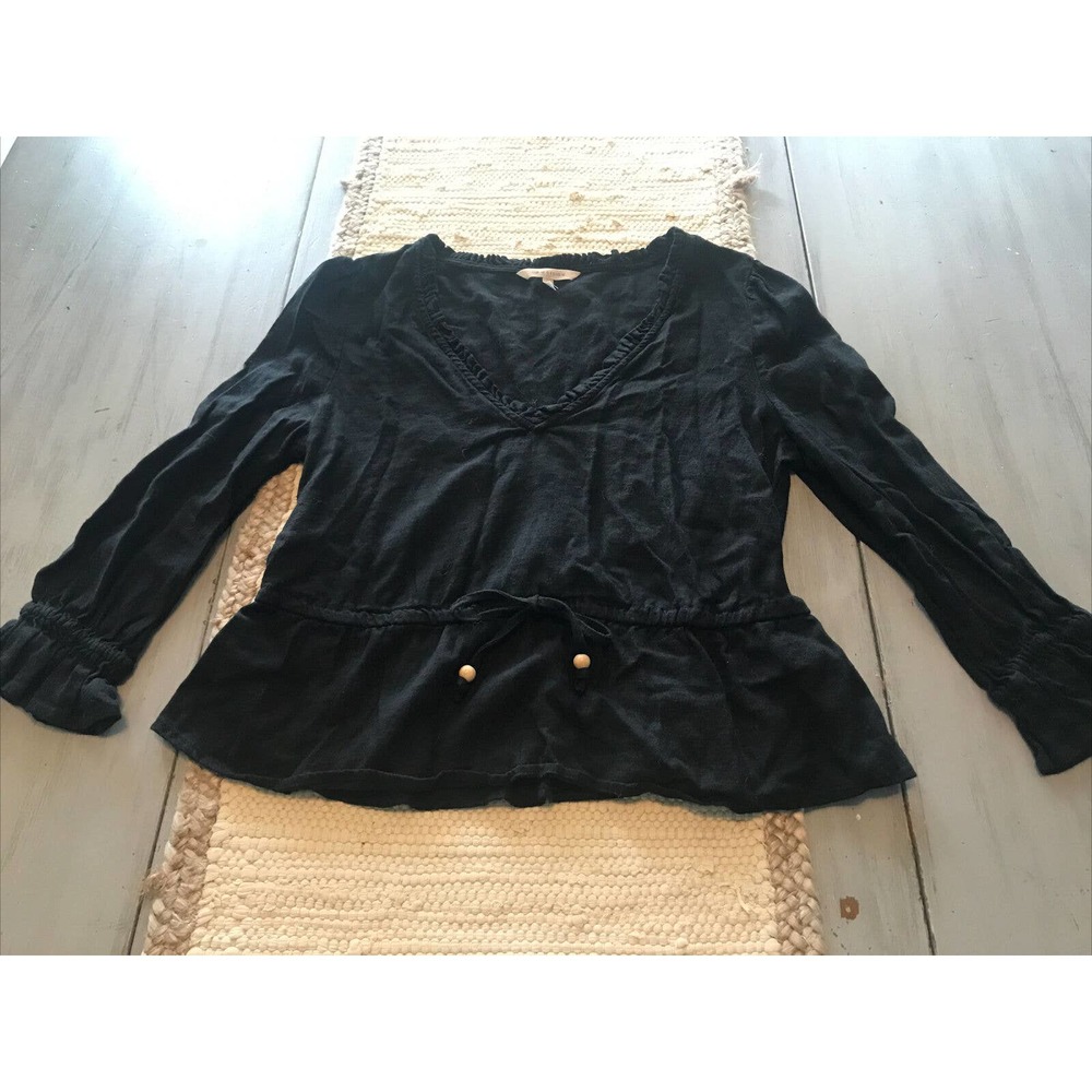 Cult of Design Black Linen Blend Boho Ruffle Long Sleeve Shirt Blouse Sz M